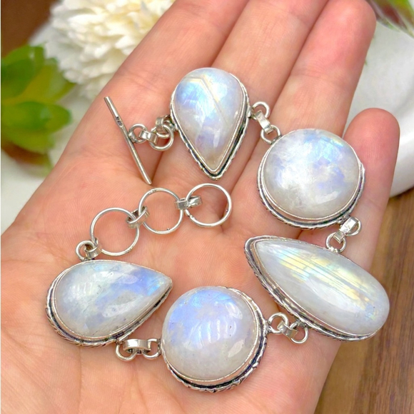 Southwest Jewelry - Rainbow Moonstone Extra Chunky Bracelet Pear Round Sterling Silver 925 Overlay